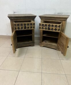 Set of 2 Rustic Carved Wooden Nightstands – Antique Brown Finish with Intricate Geometric Lattice Panel & Storage Cabinet - Image 6