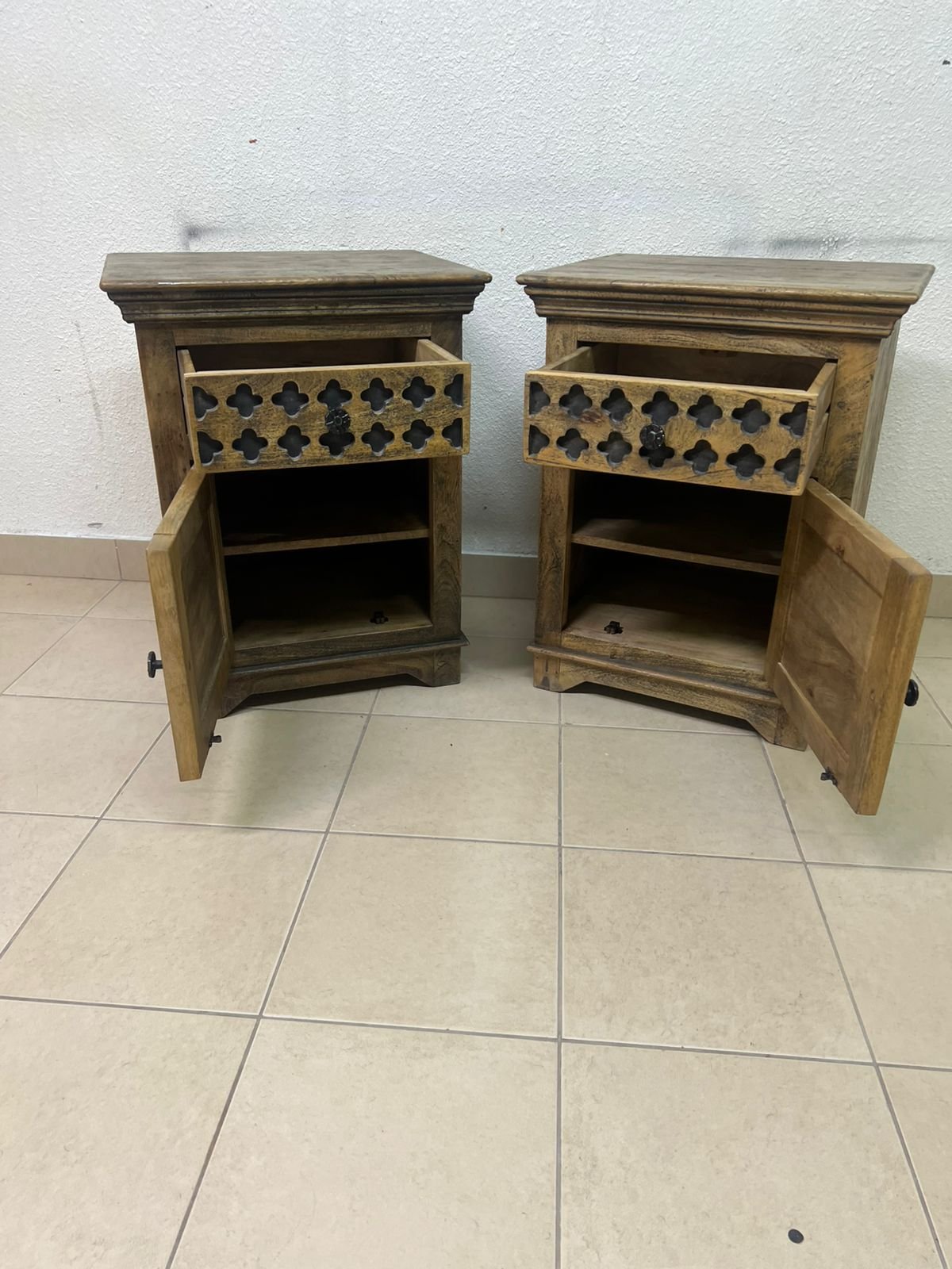 Set of 2 Rustic Carved Wooden Nightstands – Antique Brown Finish with Intricate Geometric Lattice Panel & Storage Cabinet - Image 6