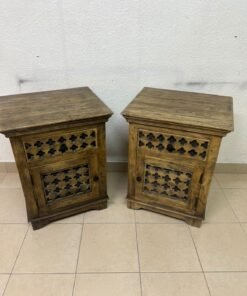 Set of 2 Rustic Carved Wooden Nightstands – Antique Brown Finish with Intricate Geometric Lattice Panel & Storage Cabinet - Image 7