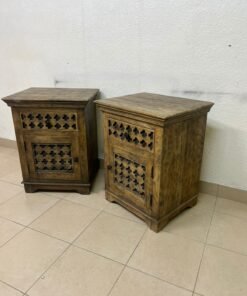Set of 2 Rustic Carved Wooden Nightstands – Antique Brown Finish with Intricate Geometric Lattice Panel & Storage Cabinet - Image 8