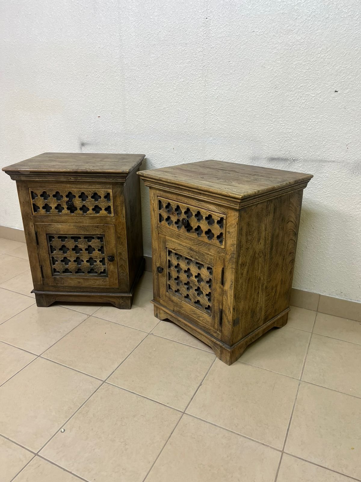 Set of 2 Rustic Carved Wooden Nightstands – Antique Brown Finish with Intricate Geometric Lattice Panel & Storage Cabinet - Image 8