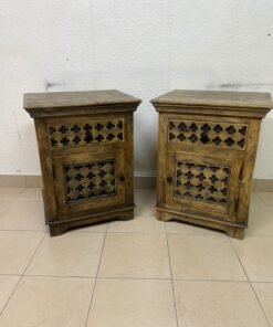 Set of 2 Rustic Carved Wooden Nightstands – Antique Brown Finish with Intricate Geometric Lattice Panel & Storage Cabinet - Image 9