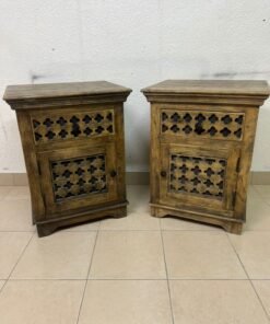 Set of 2 Rustic Carved Wooden Nightstands – Antique Brown Finish with Intricate Geometric Lattice Panel & Storage Cabinet