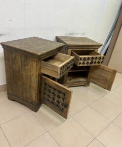 Set of 2 Rustic Carved Wooden Nightstands – Antique Brown Finish with Intricate Geometric Lattice Panel & Storage Cabinet - Image 11