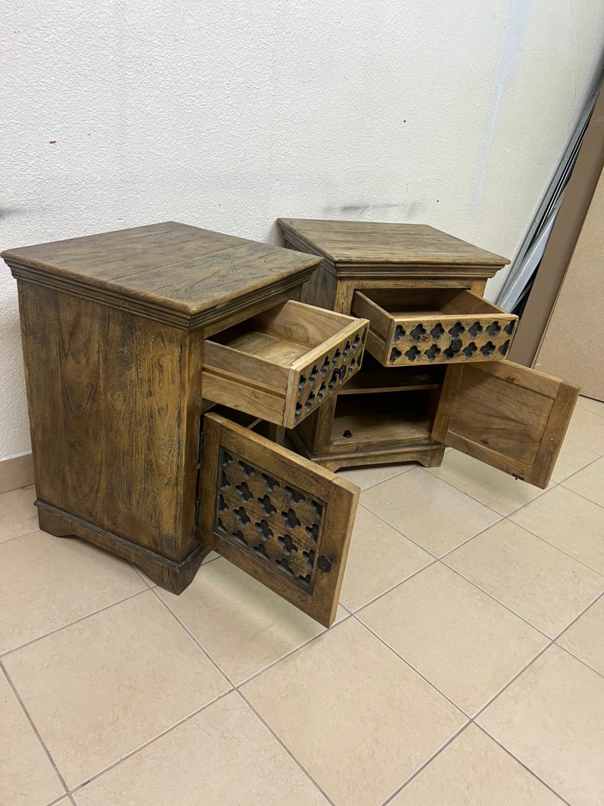 Set of 2 Rustic Carved Wooden Nightstands – Antique Brown Finish with Intricate Geometric Lattice Panel & Storage Cabinet - Image 11