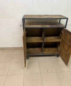Rustic Industrial Rolling Storage Cabinet / Bar Cart – Reclaimed Wood Finish with Black Metal Frame, Open Top Shelf & 2 Doors - Image 2