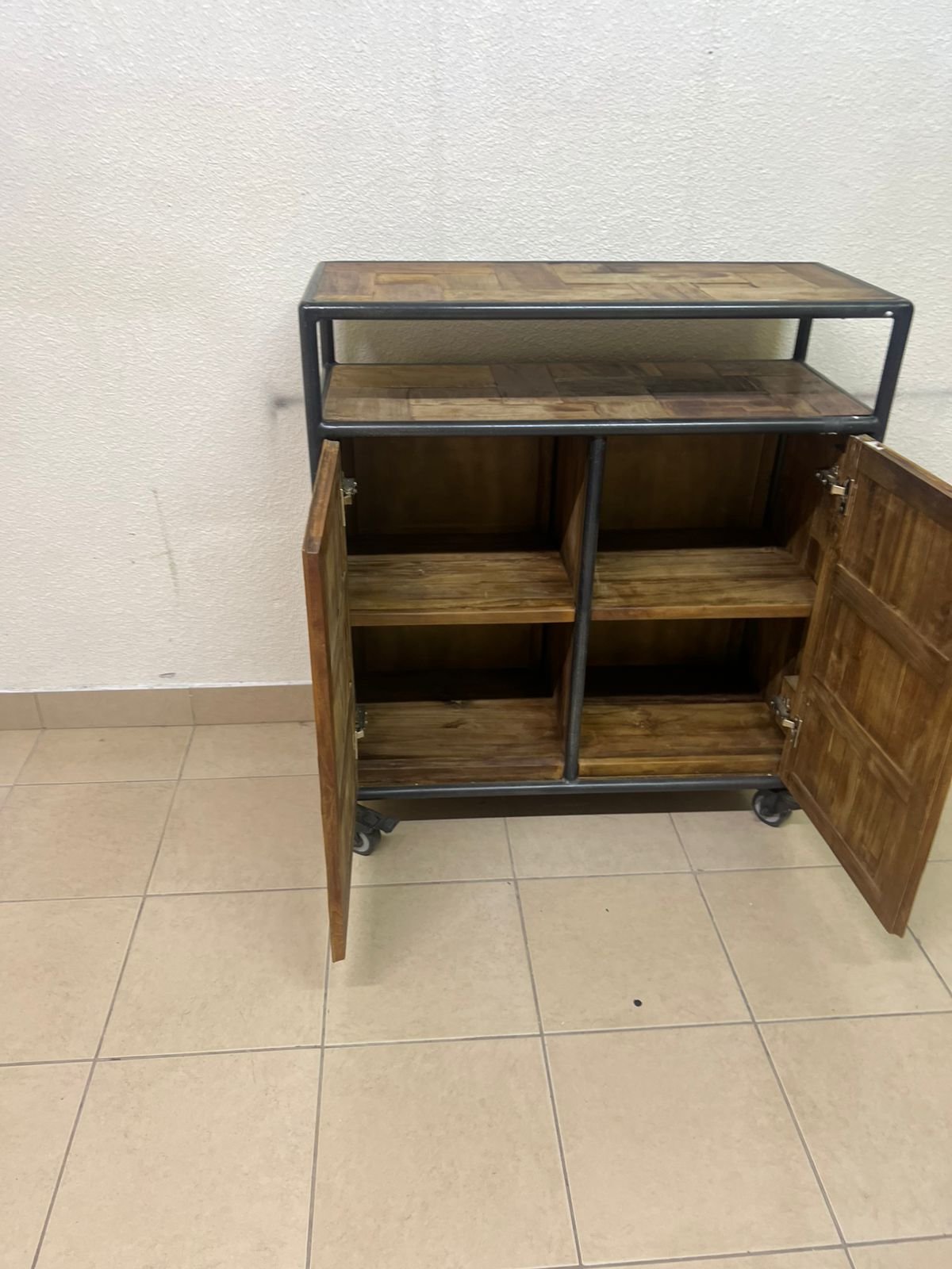 Rustic Industrial Rolling Storage Cabinet / Bar Cart – Reclaimed Wood Finish with Black Metal Frame, Open Top Shelf & 2 Doors - Image 2