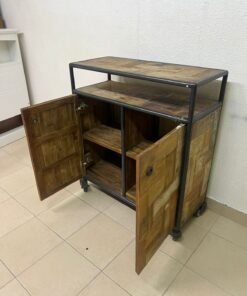 Rustic Industrial Rolling Storage Cabinet / Bar Cart – Reclaimed Wood Finish with Black Metal Frame, Open Top Shelf & 2 Doors - Image 3
