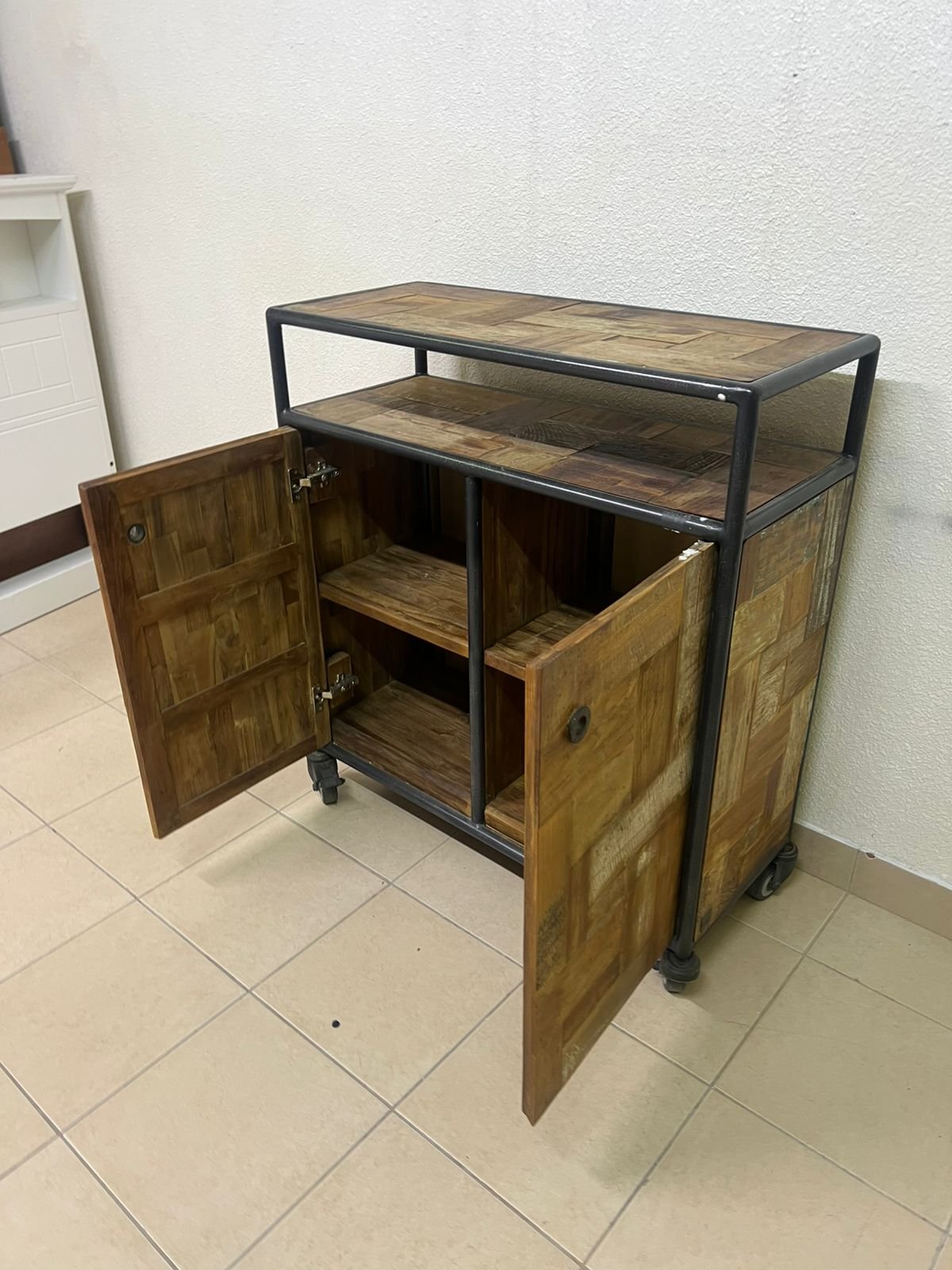 Rustic Industrial Rolling Storage Cabinet / Bar Cart – Reclaimed Wood Finish with Black Metal Frame, Open Top Shelf & 2 Doors - Image 3