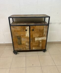 Rustic Industrial Rolling Storage Cabinet / Bar Cart – Reclaimed Wood Finish with Black Metal Frame, Open Top Shelf & 2 Doors - Image 4