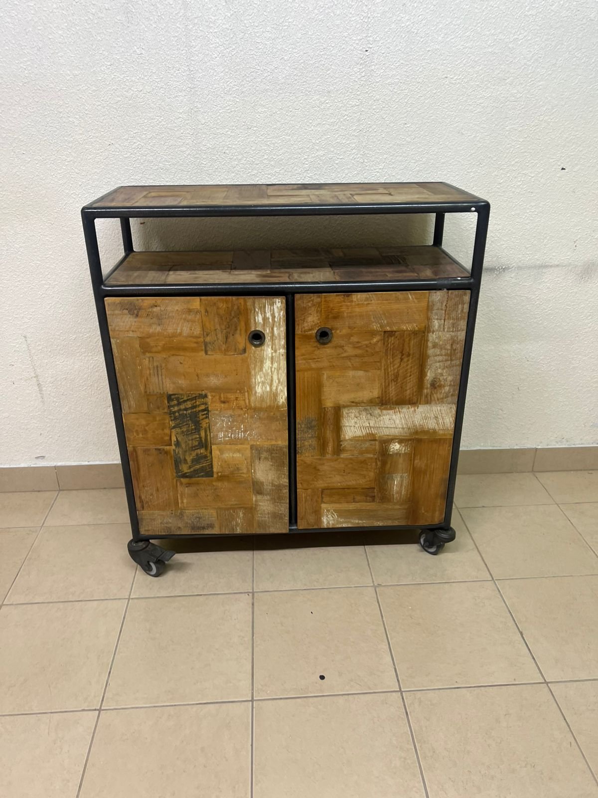 Rustic Industrial Rolling Storage Cabinet / Bar Cart – Reclaimed Wood Finish with Black Metal Frame, Open Top Shelf & 2 Doors - Image 4