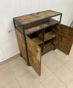 Rustic Industrial Rolling Storage Cabinet / Bar Cart – Reclaimed Wood Finish with Black Metal Frame, Open Top Shelf & 2 Doors - Image 5