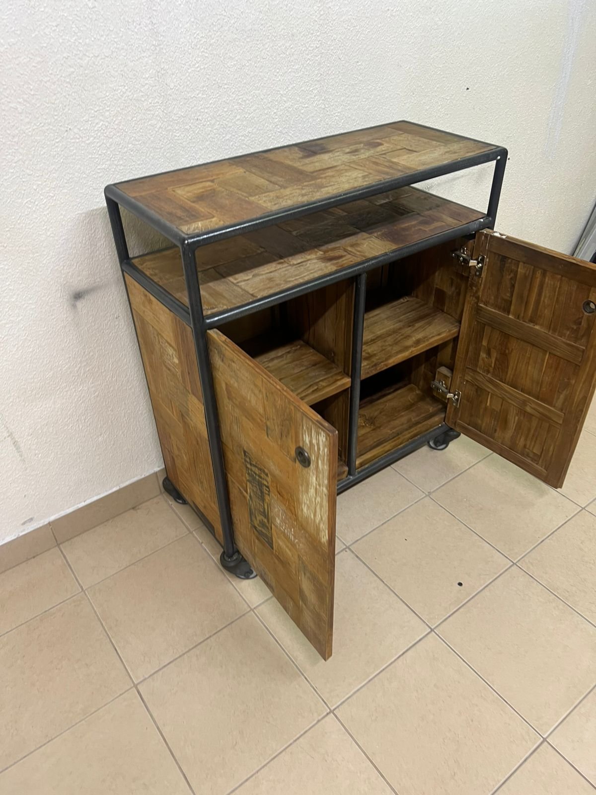 Rustic Industrial Rolling Storage Cabinet / Bar Cart – Reclaimed Wood Finish with Black Metal Frame, Open Top Shelf & 2 Doors - Image 5