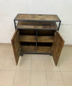 Rustic Industrial Rolling Storage Cabinet / Bar Cart – Reclaimed Wood Finish with Black Metal Frame, Open Top Shelf & 2 Doors - Image 6