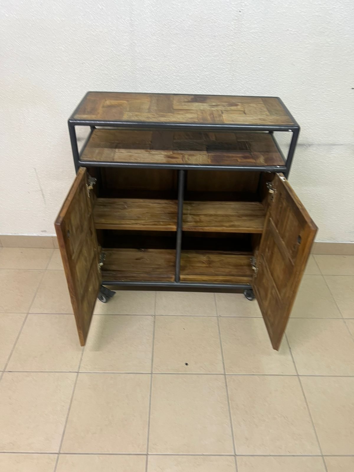 Rustic Industrial Rolling Storage Cabinet / Bar Cart – Reclaimed Wood Finish with Black Metal Frame, Open Top Shelf & 2 Doors - Image 6