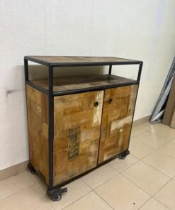 Rustic Industrial Rolling Storage Cabinet / Bar Cart – Reclaimed Wood Finish with Black Metal Frame, Open Top Shelf & 2 Doors - Image 7