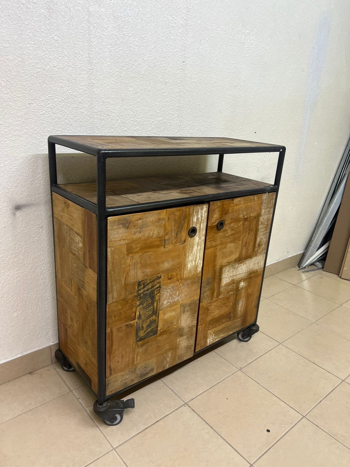 Rustic Industrial Rolling Storage Cabinet / Bar Cart – Reclaimed Wood Finish with Black Metal Frame, Open Top Shelf & 2 Doors - Image 7