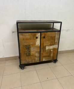 Rustic Industrial Rolling Storage Cabinet / Bar Cart – Reclaimed Wood Finish with Black Metal Frame, Open Top Shelf & 2 Doors