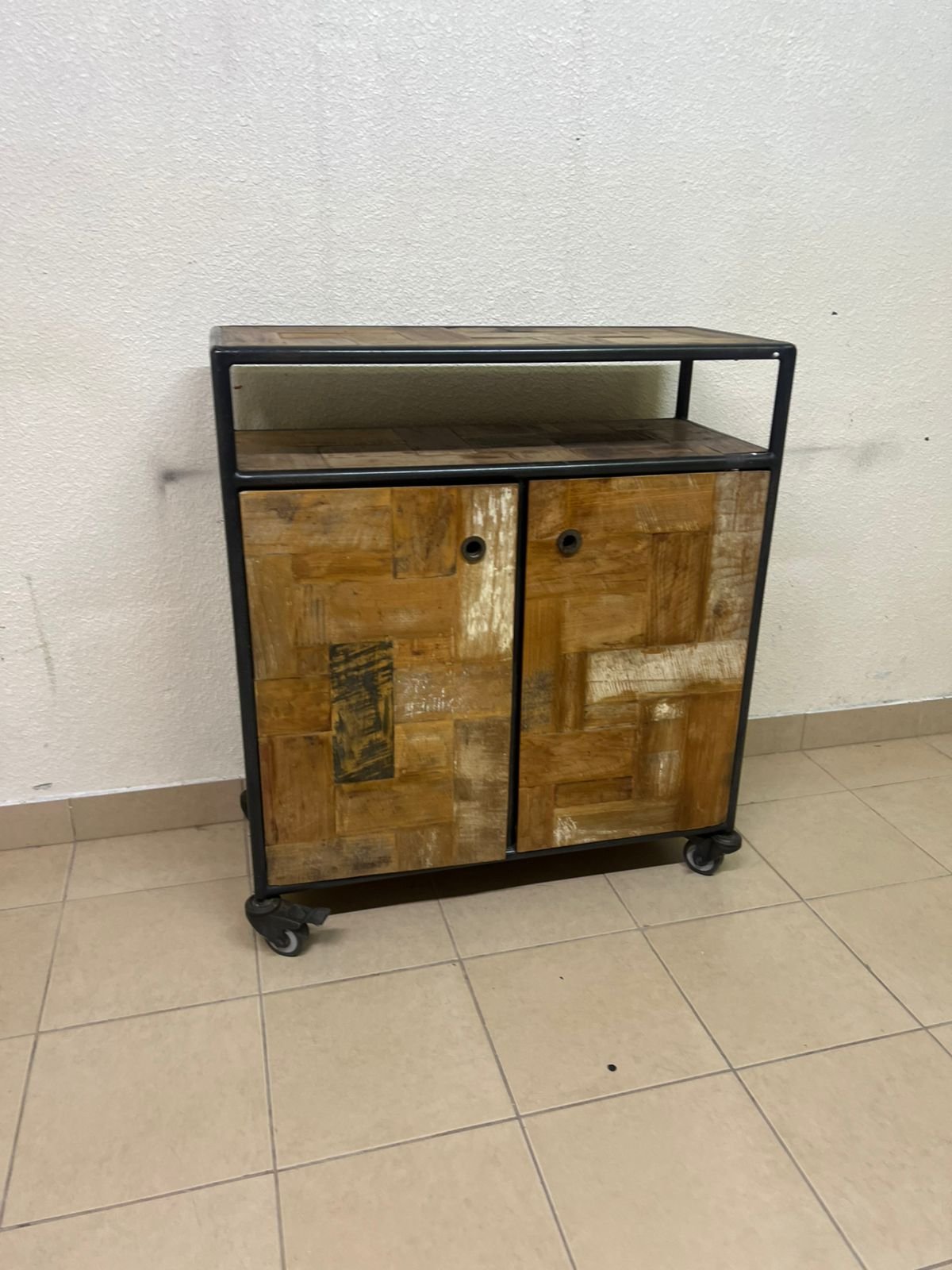 Rustic Industrial Rolling Storage Cabinet / Bar Cart – Reclaimed Wood Finish with Black Metal Frame, Open Top Shelf & 2 Doors