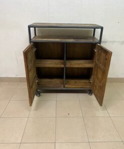 Rustic Industrial Rolling Storage Cabinet / Bar Cart – Reclaimed Wood Finish with Black Metal Frame, Open Top Shelf & 2 Doors - Image 9