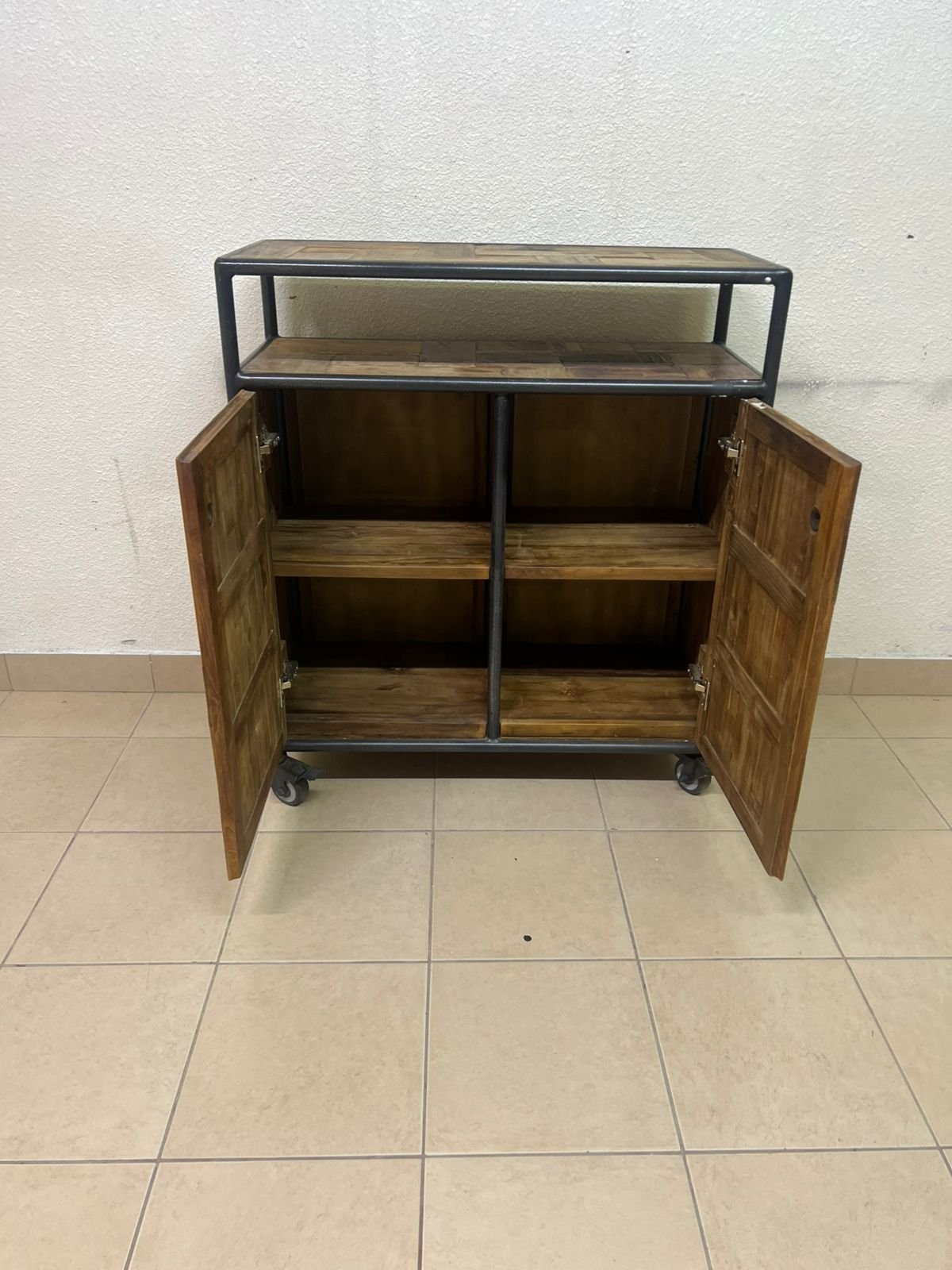Rustic Industrial Rolling Storage Cabinet / Bar Cart – Reclaimed Wood Finish with Black Metal Frame, Open Top Shelf & 2 Doors - Image 9