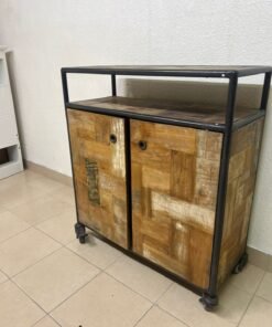 Rustic Industrial Rolling Storage Cabinet / Bar Cart – Reclaimed Wood Finish with Black Metal Frame, Open Top Shelf & 2 Doors - Image 10