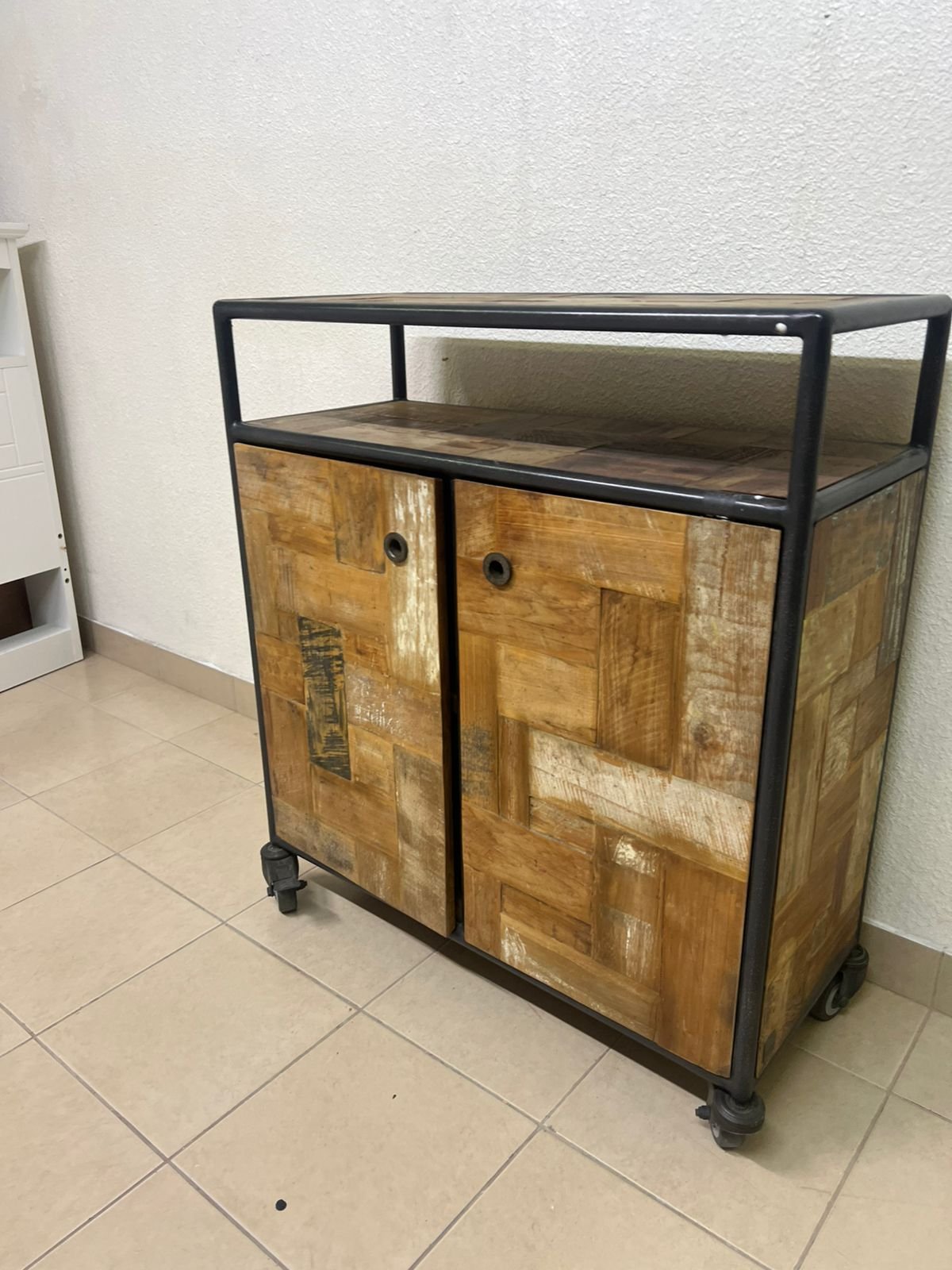 Rustic Industrial Rolling Storage Cabinet / Bar Cart – Reclaimed Wood Finish with Black Metal Frame, Open Top Shelf & 2 Doors - Image 10