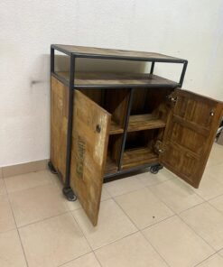 Rustic Industrial Rolling Storage Cabinet / Bar Cart – Reclaimed Wood Finish with Black Metal Frame, Open Top Shelf & 2 Doors - Image 11