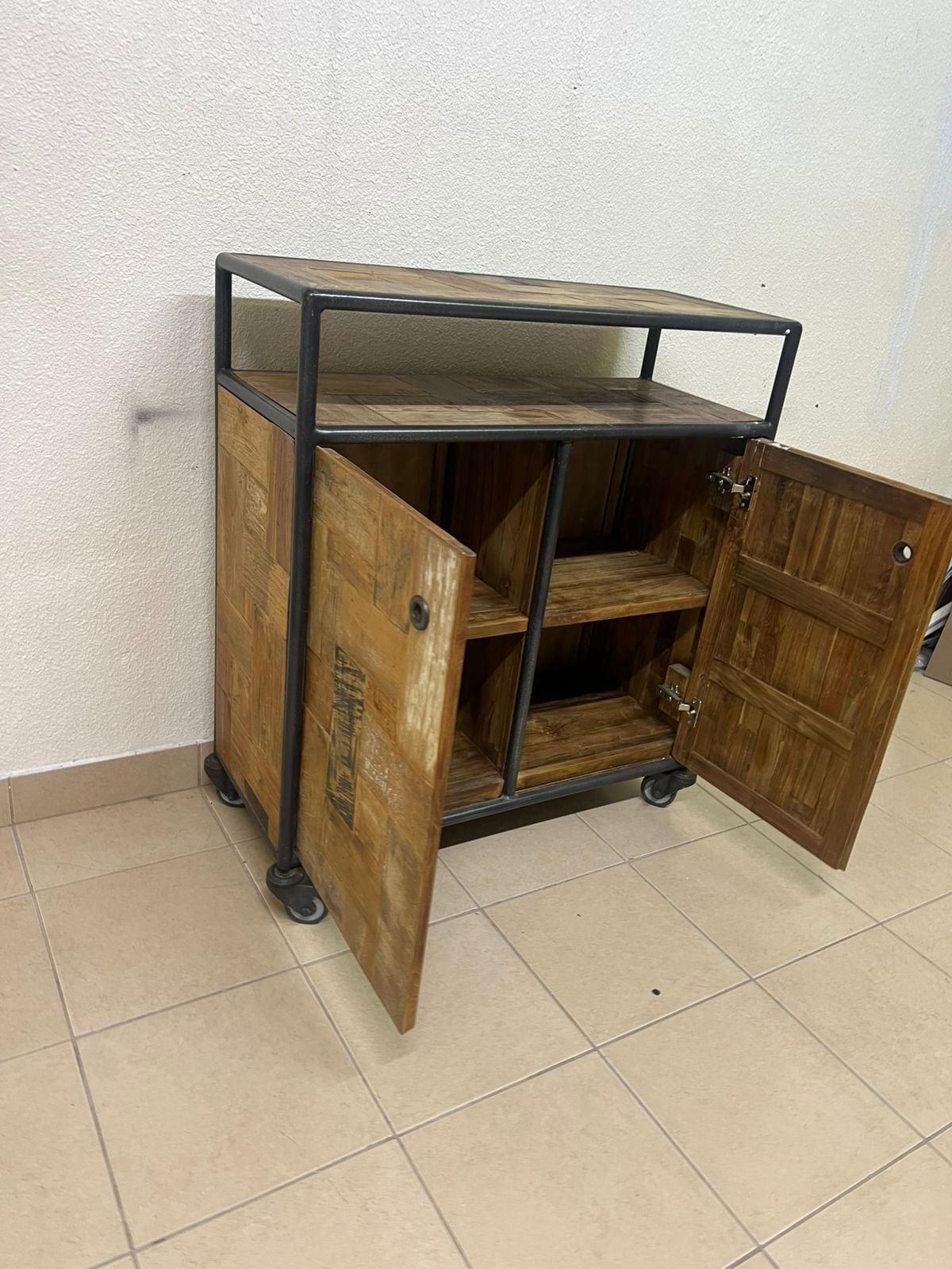 Rustic Industrial Rolling Storage Cabinet / Bar Cart – Reclaimed Wood Finish with Black Metal Frame, Open Top Shelf & 2 Doors - Image 11
