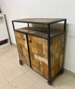 Rustic Industrial Rolling Storage Cabinet / Bar Cart – Reclaimed Wood Finish with Black Metal Frame, Open Top Shelf & 2 Doors - Image 12