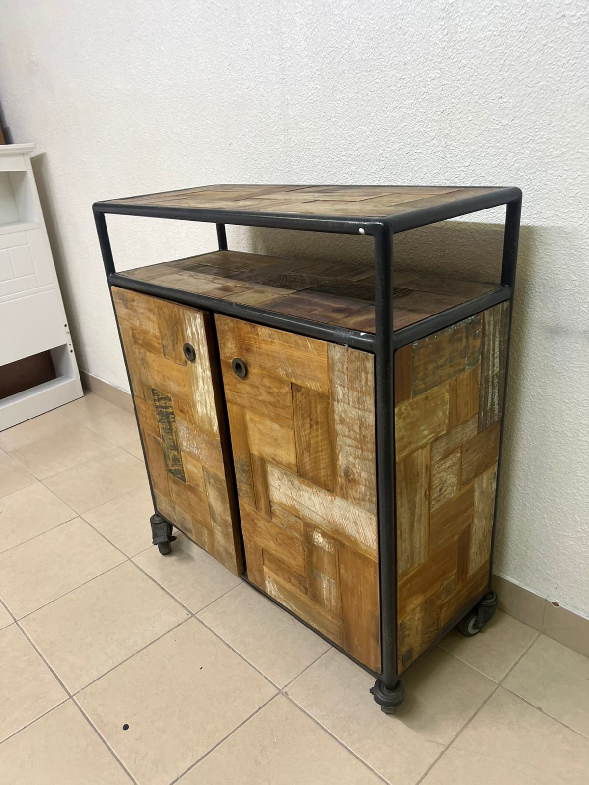 Rustic Industrial Rolling Storage Cabinet / Bar Cart – Reclaimed Wood Finish with Black Metal Frame, Open Top Shelf & 2 Doors - Image 12