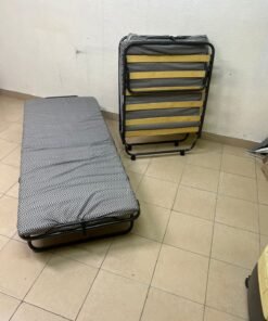 Portable Folding Guest Bed with Patterned Mattress – Space-Saving Rollaway Bed with Black Metal Frame & Wooden Slats - Image 2