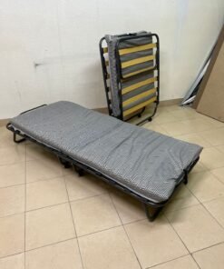 Portable Folding Guest Bed with Patterned Mattress – Space-Saving Rollaway Bed with Black Metal Frame & Wooden Slats - Image 3
