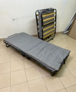 Portable Folding Guest Bed with Patterned Mattress – Space-Saving Rollaway Bed with Black Metal Frame & Wooden Slats - Image 4