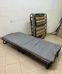 Portable Folding Guest Bed with Patterned Mattress – Space-Saving Rollaway Bed with Black Metal Frame & Wooden Slats - Image 5