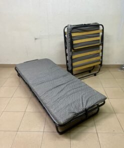 Portable Folding Guest Bed with Patterned Mattress – Space-Saving Rollaway Bed with Black Metal Frame & Wooden Slats - Image 6