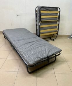 Portable Folding Guest Bed with Patterned Mattress – Space-Saving Rollaway Bed with Black Metal Frame & Wooden Slats
