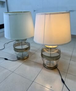 Set of 2 Modern Table Lamps – Clear Glass & Brass Base with Cream Fabric Drum Shade for Bedroom, Living Room & Office - Image 2