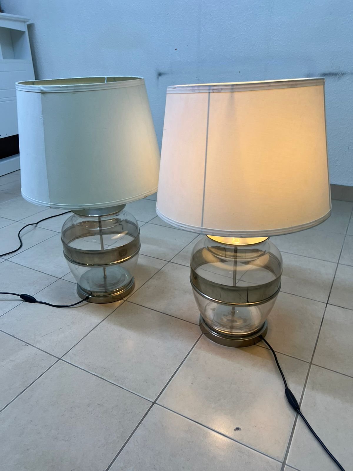 Set of 2 Modern Table Lamps – Clear Glass & Brass Base with Cream Fabric Drum Shade for Bedroom, Living Room & Office - Image 2