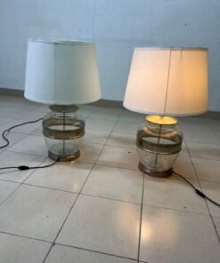 Set of 2 Modern Table Lamps – Clear Glass & Brass Base with Cream Fabric Drum Shade for Bedroom, Living Room & Office - Image 3