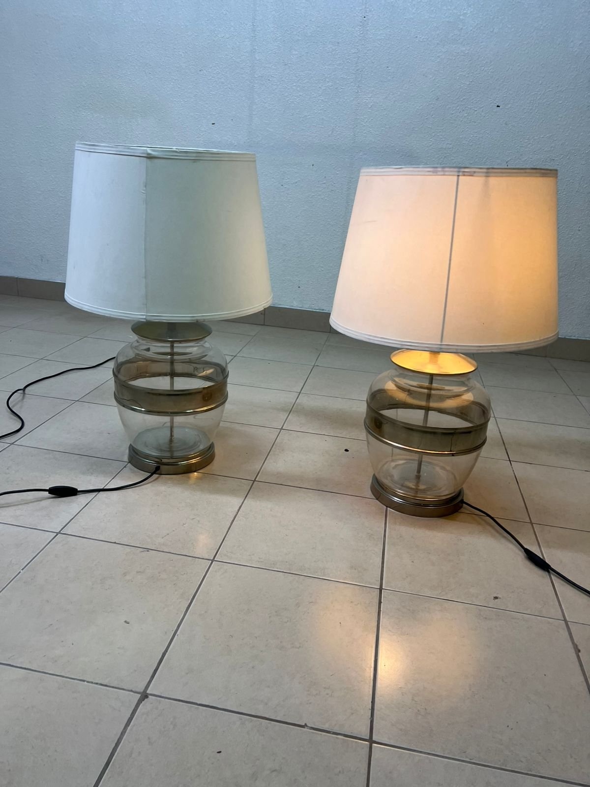 Set of 2 Modern Table Lamps – Clear Glass & Brass Base with Cream Fabric Drum Shade for Bedroom, Living Room & Office - Image 3