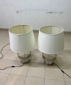 Set of 2 Modern Table Lamps – Clear Glass & Brass Base with Cream Fabric Drum Shade for Bedroom, Living Room & Office - Image 4