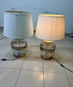 Set of 2 Modern Table Lamps – Clear Glass & Brass Base with Cream Fabric Drum Shade for Bedroom, Living Room & Office