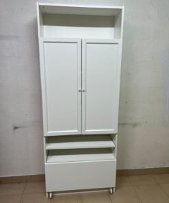Modern White Storage Cabinet / Wardrobe with Top Shelf, Double Doors, Middle Display Shelf & Rolling Bottom Drawer – Freestanding Organizer for Bedroom, Living Room & Office - Image 2