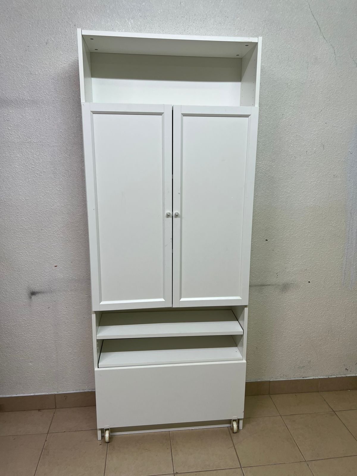 Modern White Storage Cabinet / Wardrobe with Top Shelf, Double Doors, Middle Display Shelf & Rolling Bottom Drawer – Freestanding Organizer for Bedroom, Living Room & Office - Image 2