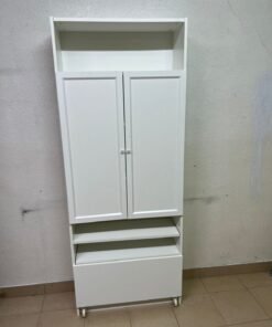 Modern White Storage Cabinet / Wardrobe with Top Shelf, Double Doors, Middle Display Shelf & Rolling Bottom Drawer – Freestanding Organizer for Bedroom, Living Room & Office - Image 3