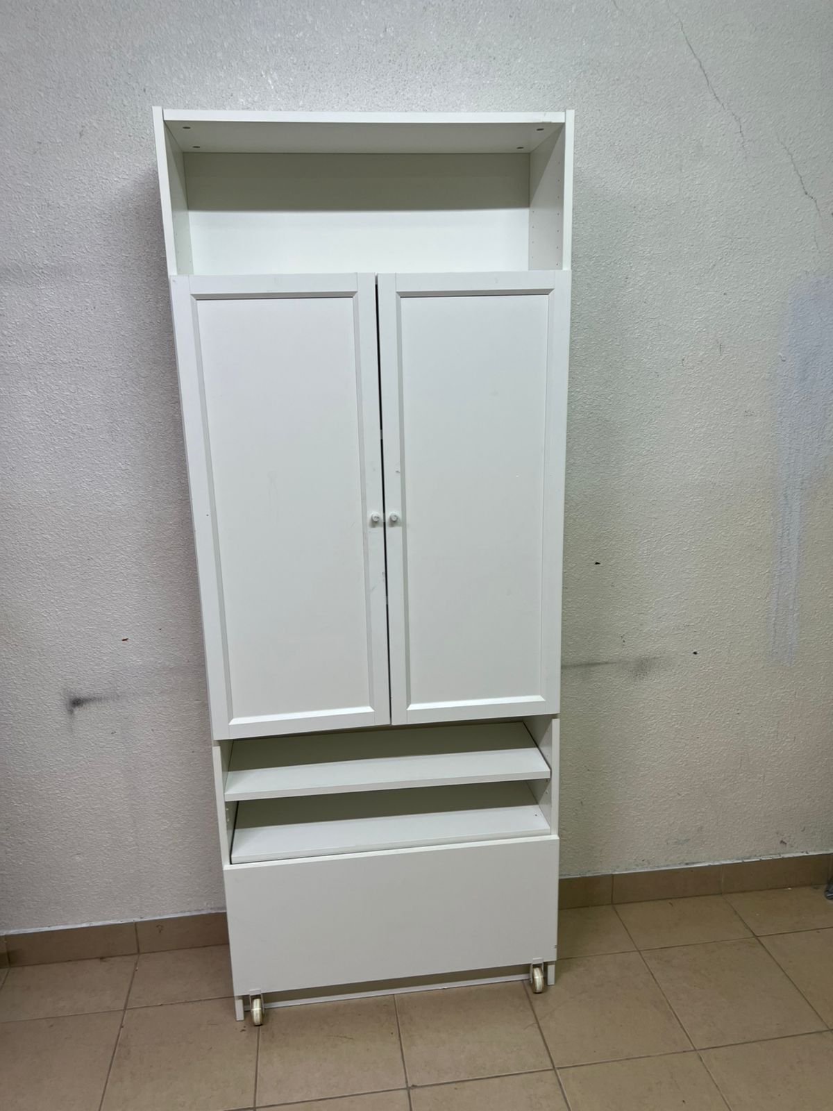 Modern White Storage Cabinet / Wardrobe with Top Shelf, Double Doors, Middle Display Shelf & Rolling Bottom Drawer – Freestanding Organizer for Bedroom, Living Room & Office - Image 3