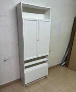Modern White Storage Cabinet / Wardrobe with Top Shelf, Double Doors, Middle Display Shelf & Rolling Bottom Drawer – Freestanding Organizer for Bedroom, Living Room & Office - Image 4