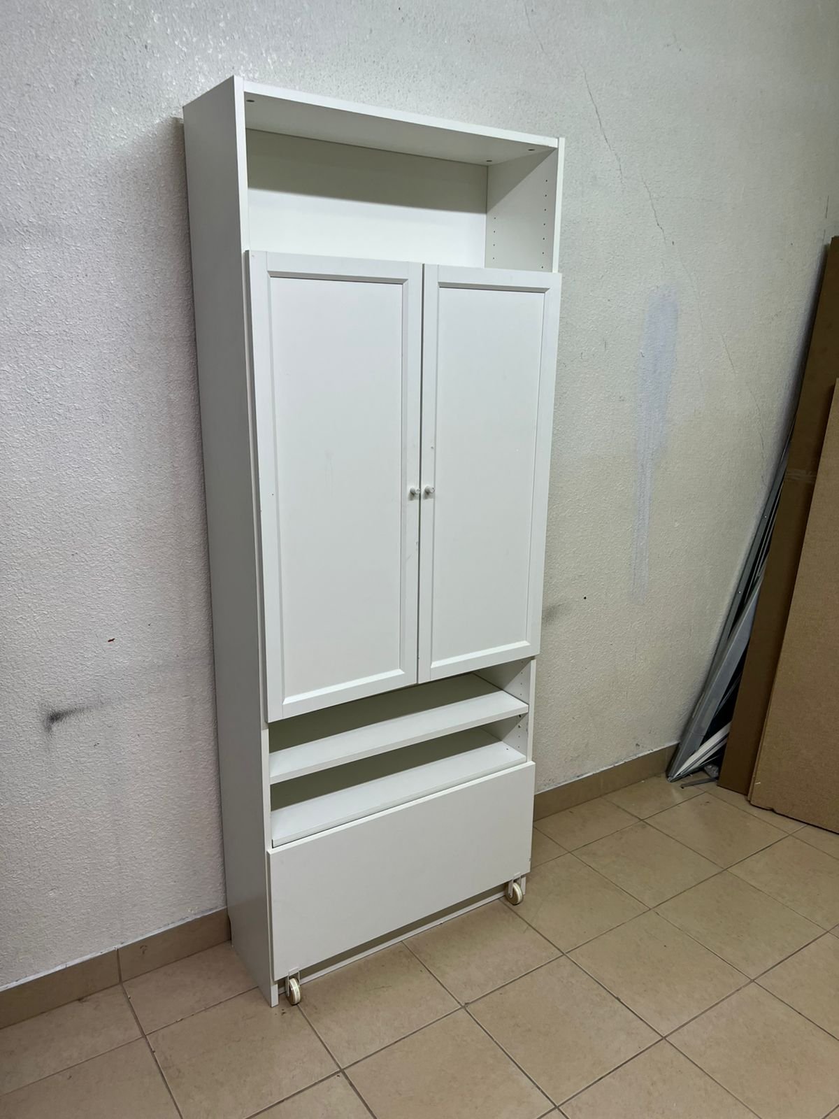 Modern White Storage Cabinet / Wardrobe with Top Shelf, Double Doors, Middle Display Shelf & Rolling Bottom Drawer – Freestanding Organizer for Bedroom, Living Room & Office - Image 4