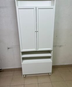 Modern White Storage Cabinet / Wardrobe with Top Shelf, Double Doors, Middle Display Shelf & Rolling Bottom Drawer – Freestanding Organizer for Bedroom, Living Room & Office - Image 6